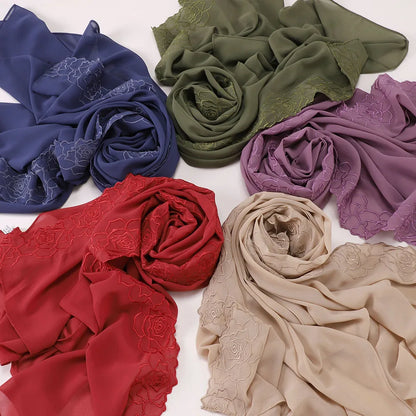 Floral Rose Embroidery Chiffon Hijab, 70 x 175 cm