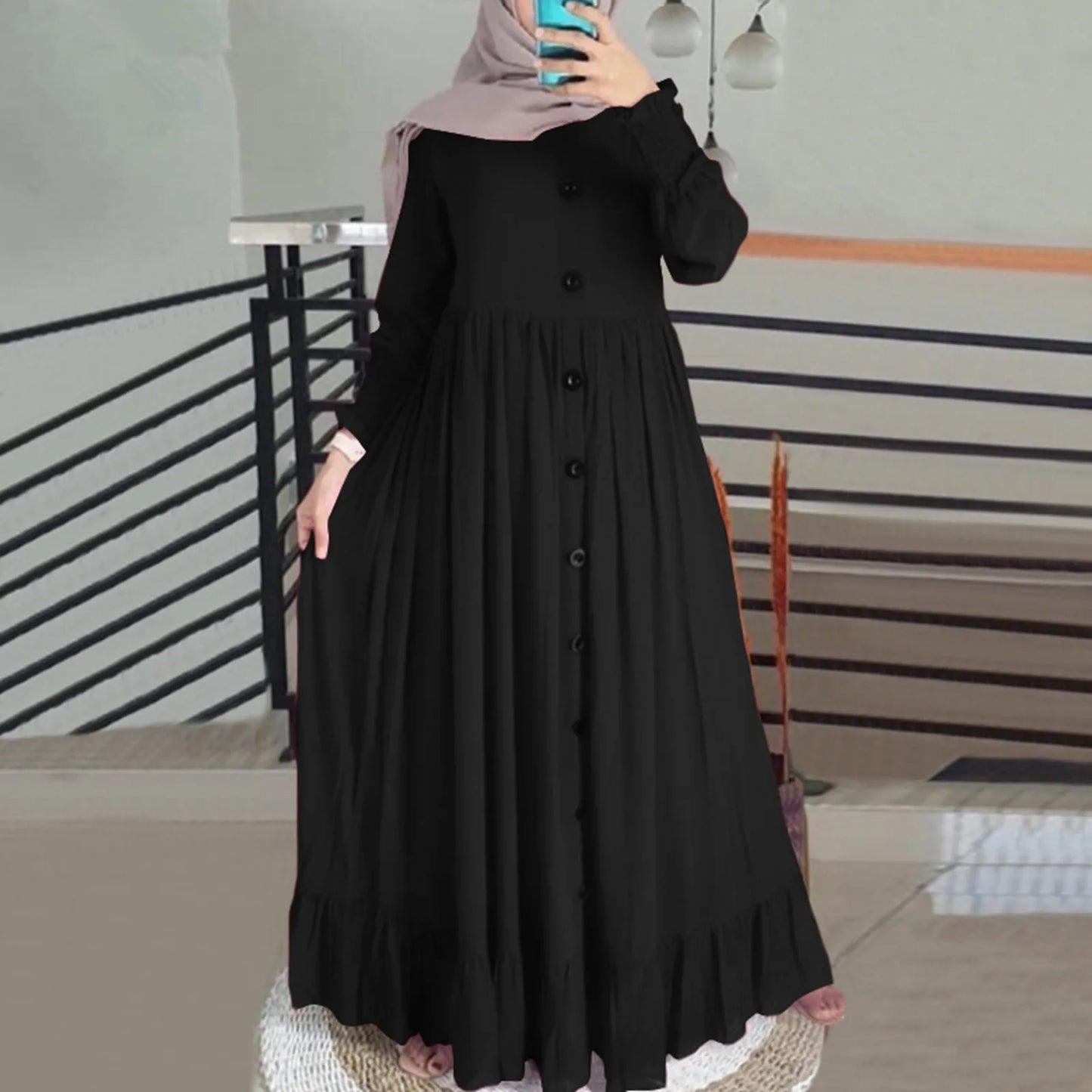 Women's Cotton-Linen Abaya – Ruffle Hem Maxi Dress, Oversized S–XXL