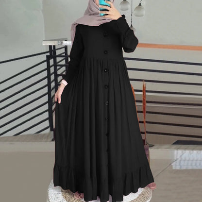 Women's Cotton-Linen Abaya – Ruffle Hem Maxi Dress, Oversized S–XXL