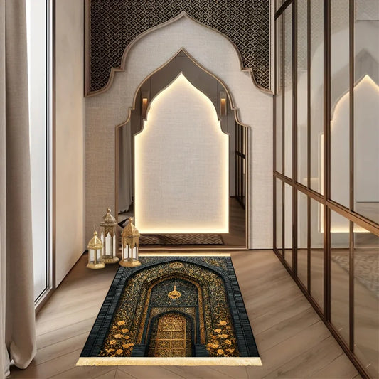 Black & Gold Holy City Prayer Rug – Durable Non-Slip Muslim Prayer Mat | Indoor & Outdoor | 2 Sizes