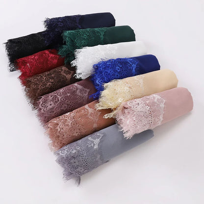 Plain Soft Hijab with Lace Trim – Lightweight Chiffon Muslim Headscarf & Shawl | 170×70cm | 12 Colors