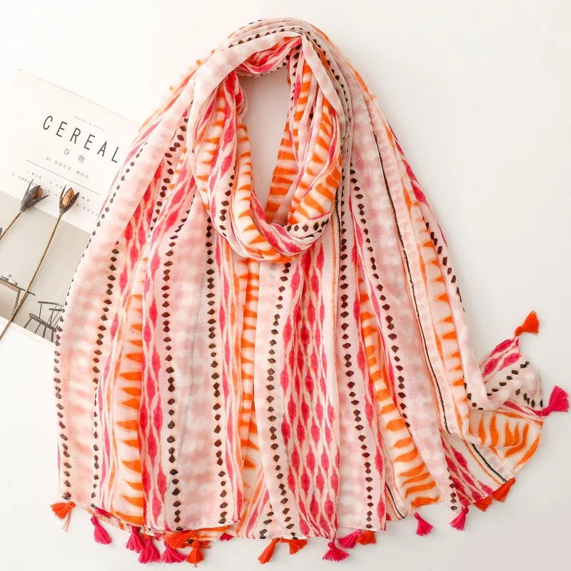 Printed Tassel Hijab Scarf & Shawl for Women | 88×180cm Bohemian Wrap | 60 Designs
