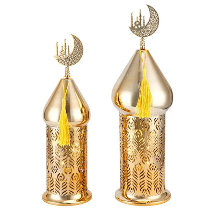 Set of 2 Gold Moroccan Lanterns with LED Fairy Lights & Timer – Metal Laser-Cut Indoor/Outdoor Decor