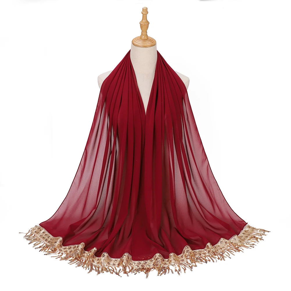 Women's Sequin Tassel Chiffon Hijab – Luxury Long Scarf & Shawl