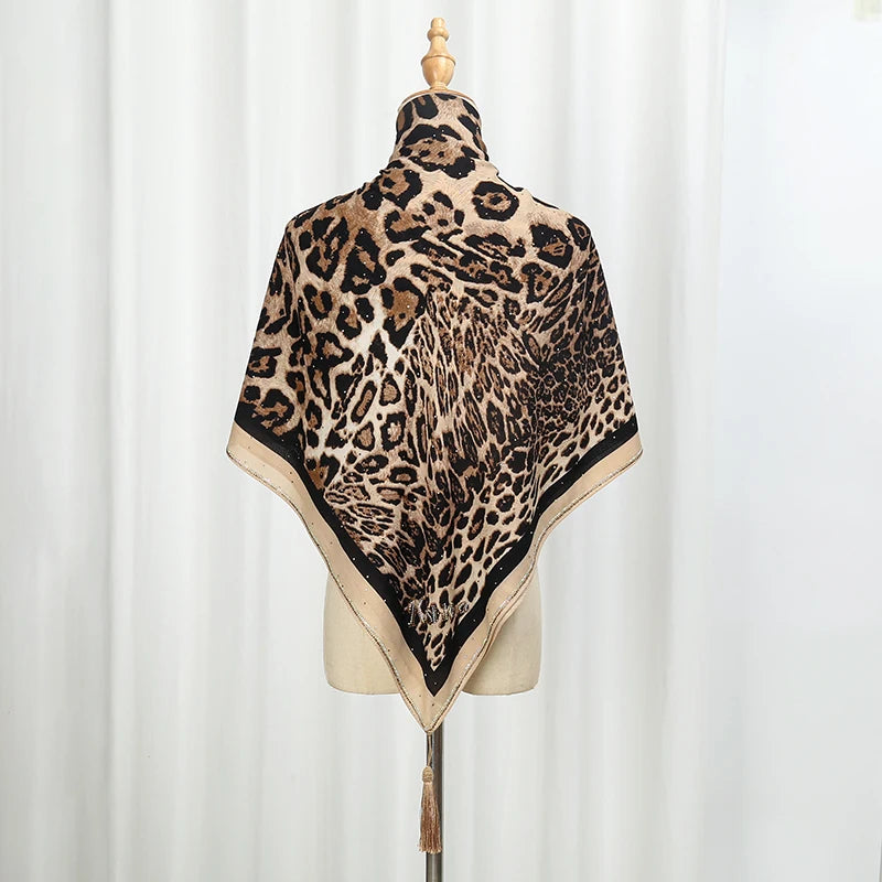 Leopard Print Satin Hijab with Diamond Detail – Square Headscarf & Shawl (4 Colors)