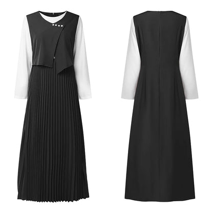 Layered Pleated Muslim Maxi Dress – Color-Blocked Patchwork Abaya Gown | Long Sleeve | S–XXXL | 3 Colors