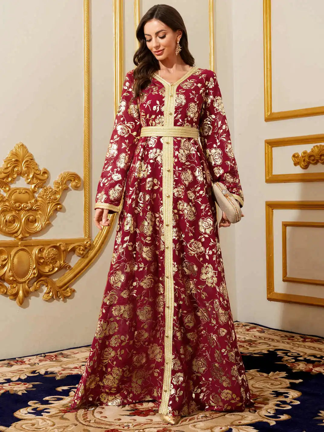 Moroccan Floral Kaftan Abaya - Gold Embroidery Maxi Dress