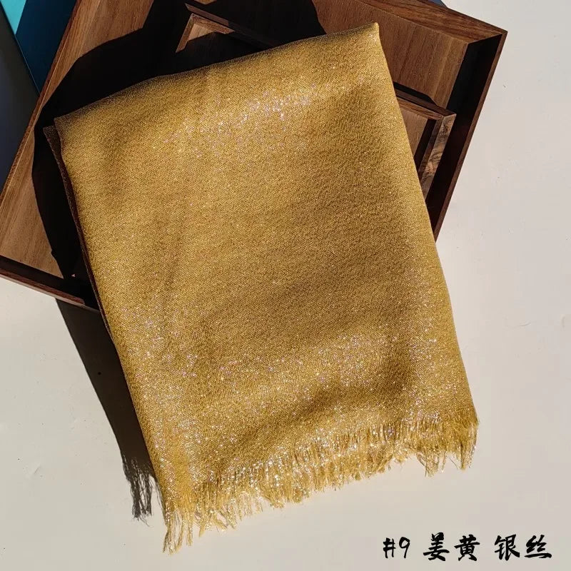Shiny Fringe Hijab Shawl - 200x80cm Rayon Solid Color Women's Head Wrap