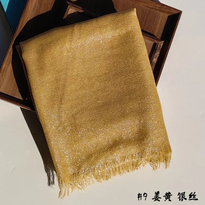 Shiny Fringe Hijab Shawl - 200x80cm Rayon Solid Color Women's Head Wrap