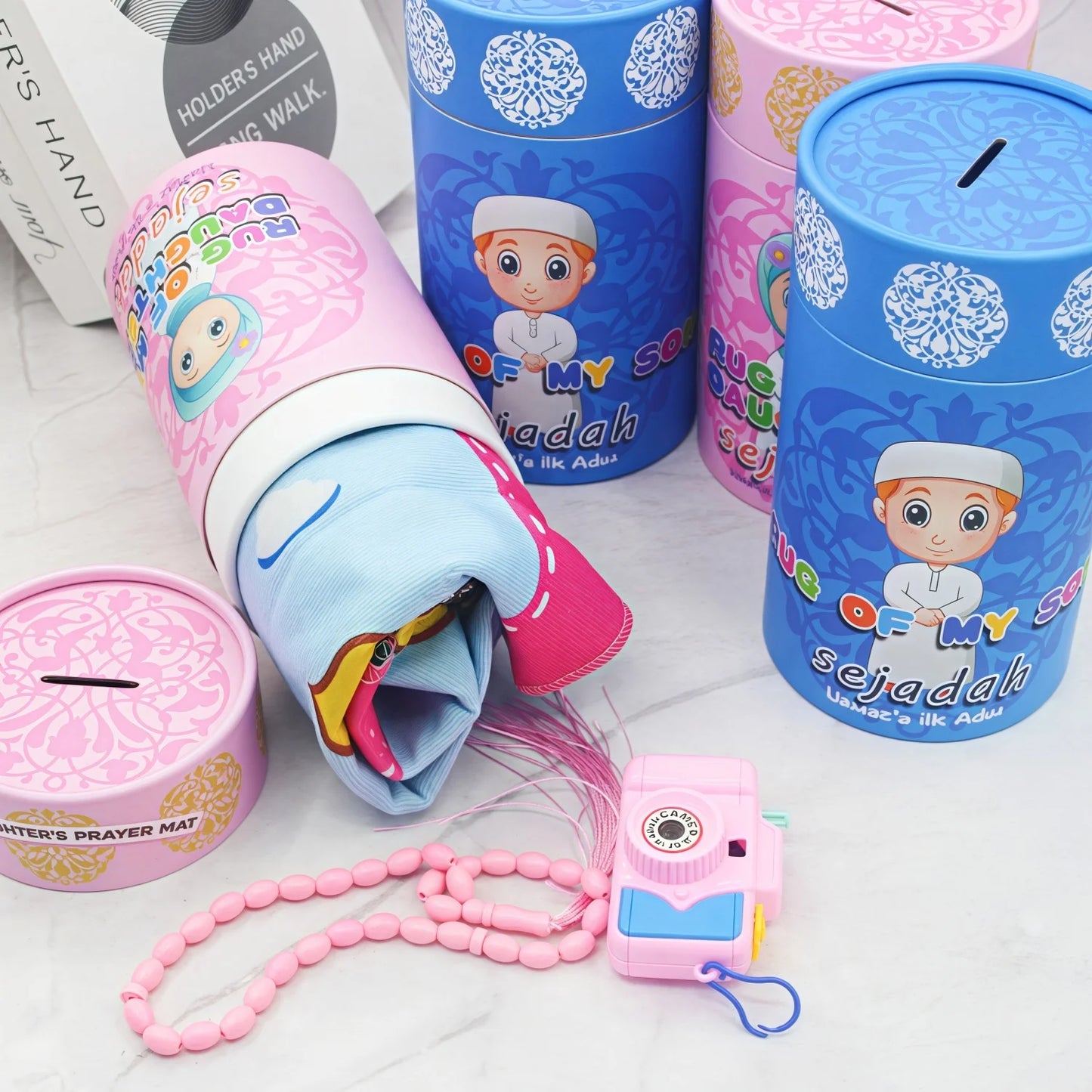 Kids Muslim Prayer Rug Gift Set – 4-Piece Ramadan & Eid Gift for Children | Pink & Blue