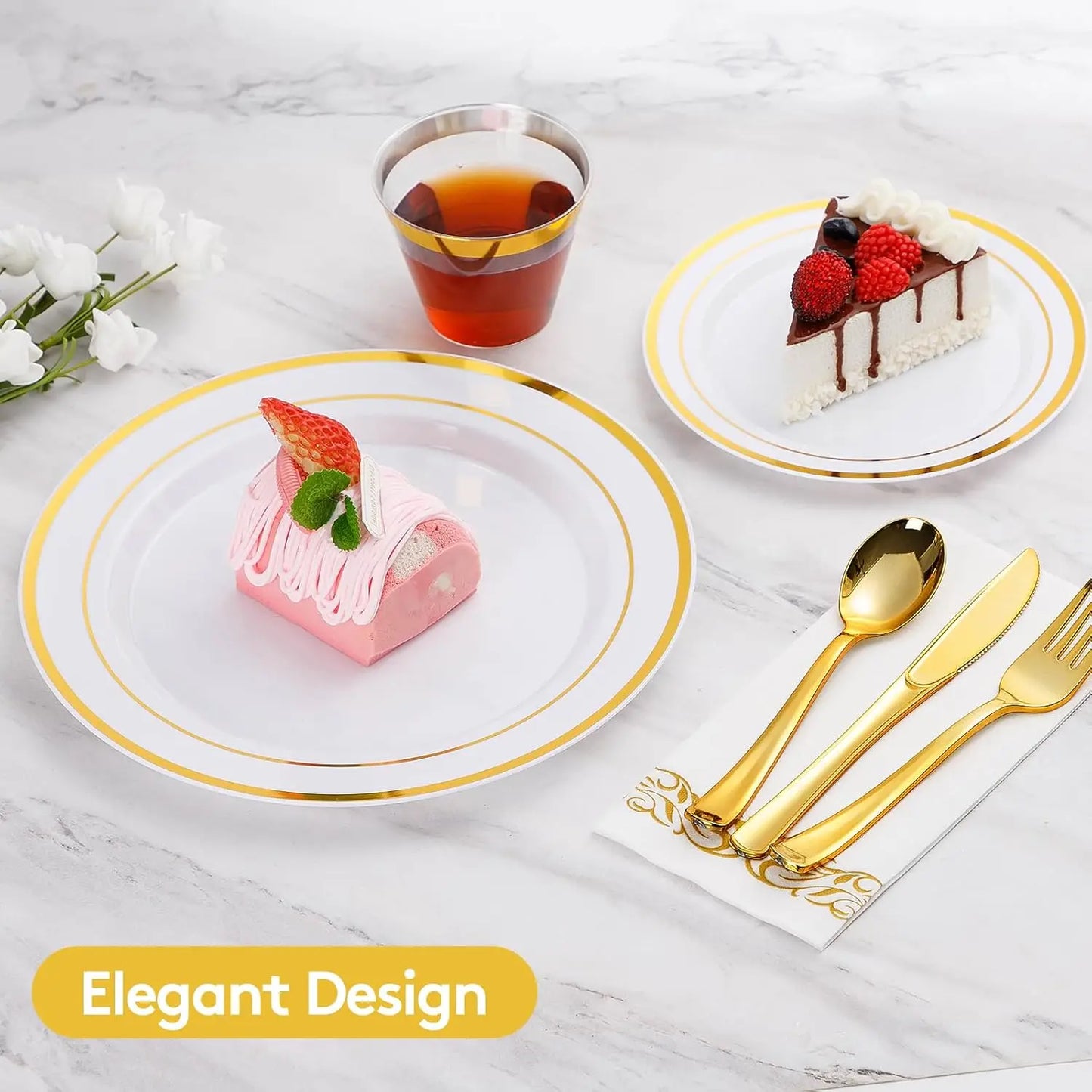 700-Piece Gold Disposable Dinnerware Set – Gold Rim Plates, Cups & Cutlery for 100 Guests | Eid & Ramadan