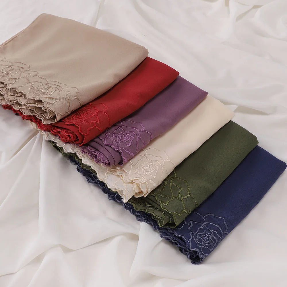 Floral Rose Embroidery Chiffon Hijab, 70 x 175 cm