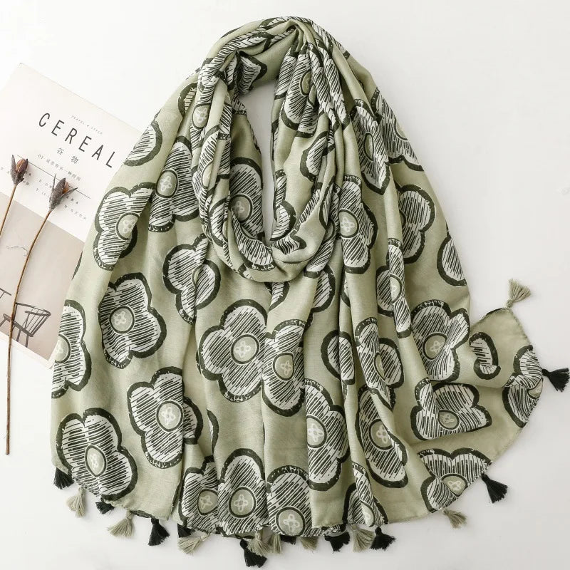Printed Tassel Hijab Scarf & Shawl for Women | 88×180cm Bohemian Wrap | 60 Designs