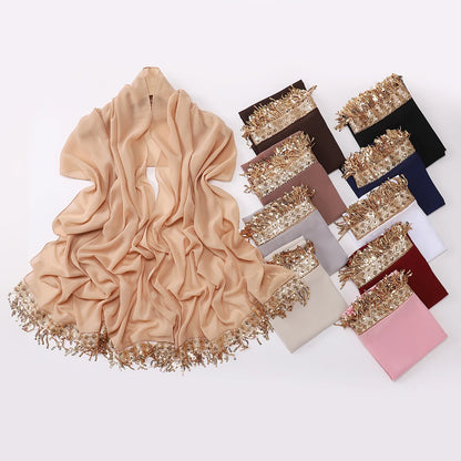 Women's Sequin Tassel Chiffon Hijab – Luxury Long Scarf & Shawl