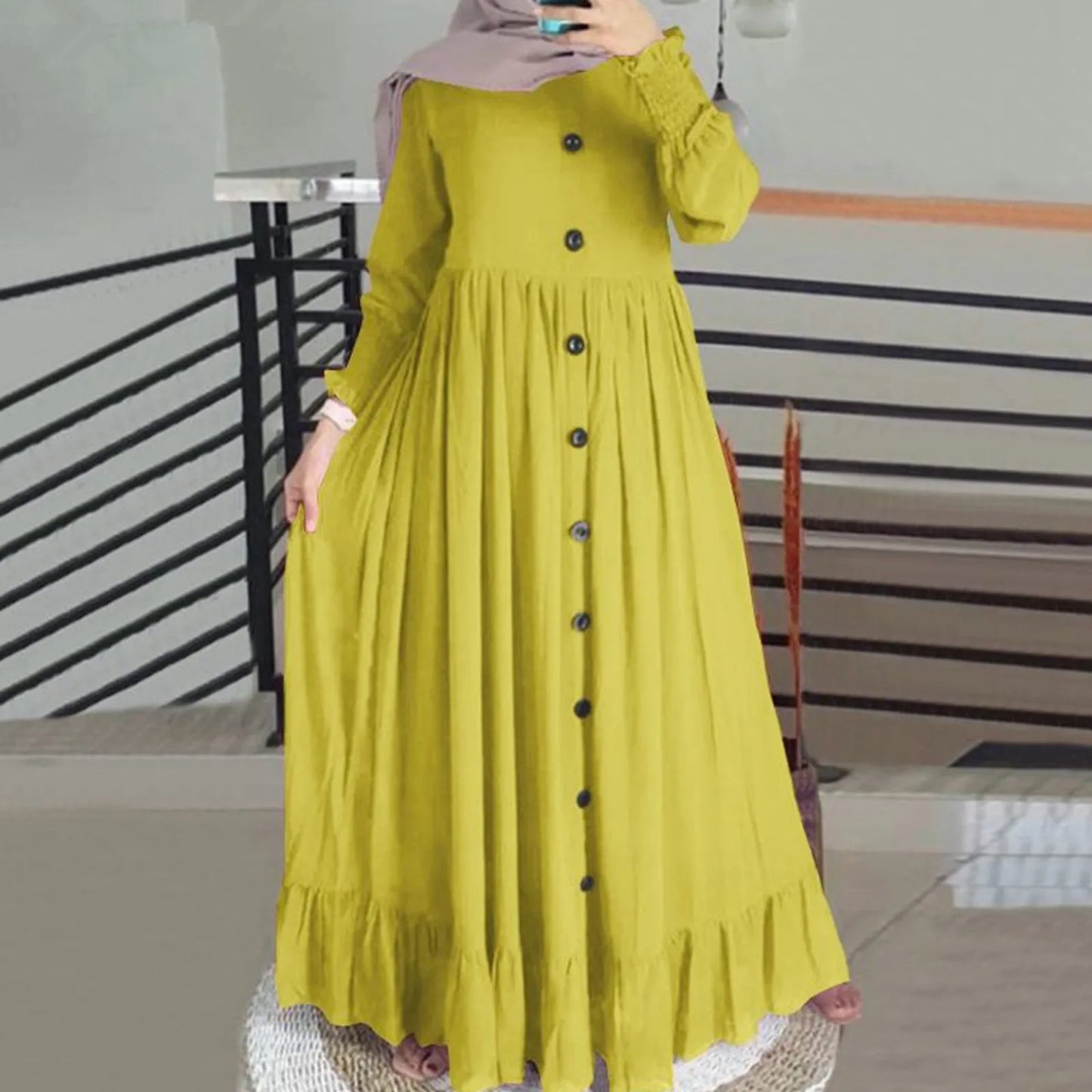 Women's Cotton-Linen Abaya – Ruffle Hem Maxi Dress, Oversized S–XXL