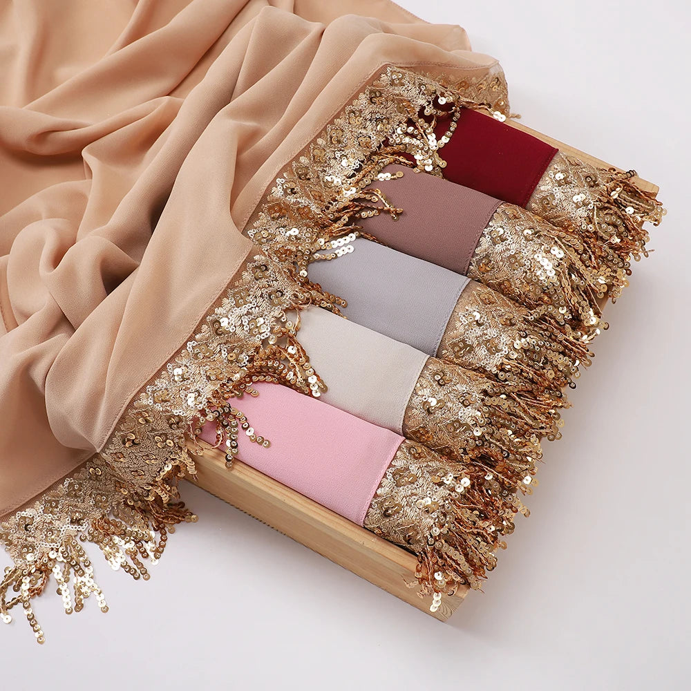 Women's Sequin Tassel Chiffon Hijab – Luxury Long Scarf & Shawl