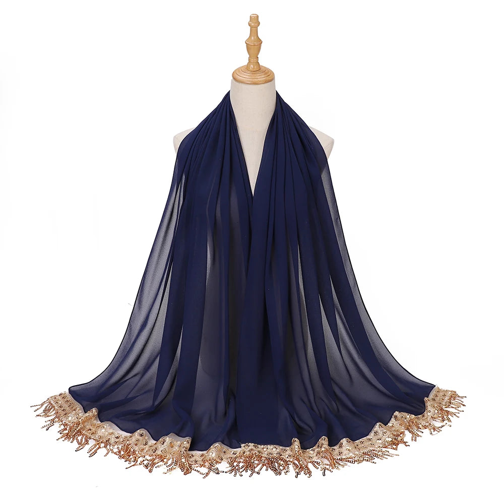 Women's Sequin Tassel Chiffon Hijab – Luxury Long Scarf & Shawl